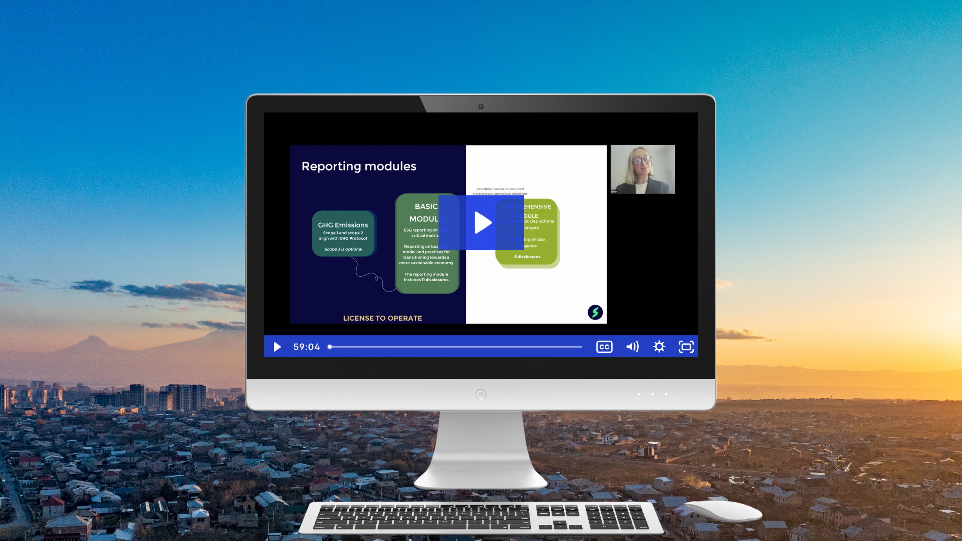 Computer screen displaying an introduction to CSRD Fundamentals course video