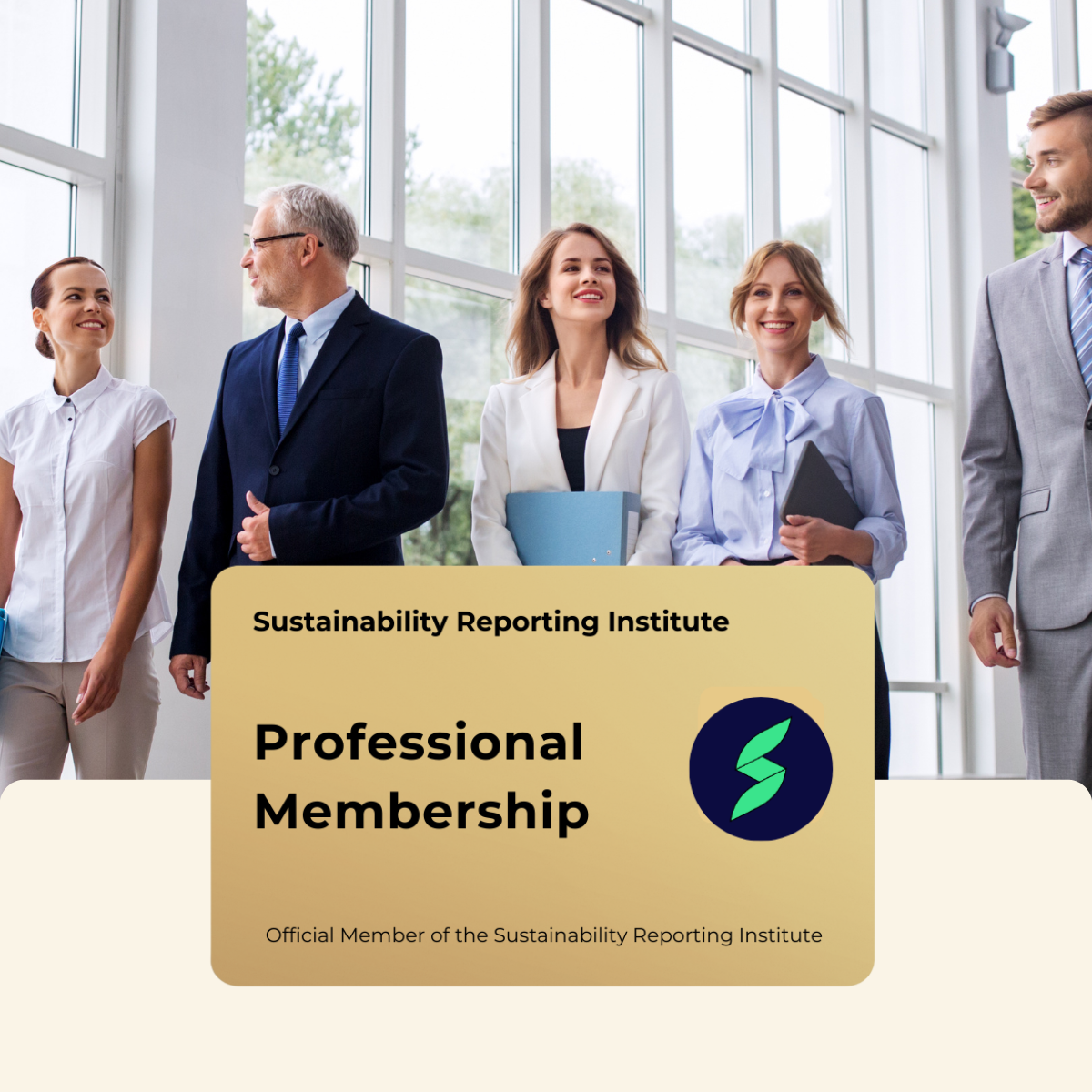 Team of professionals in an office with a Sustainability Reporting Institute Free Membership card displayed