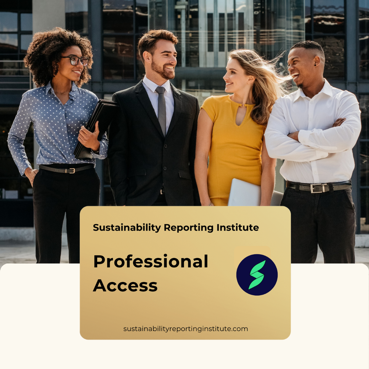 Team of professionals in an office with a Sustainability Reporting Institute Free Membership card displayed
