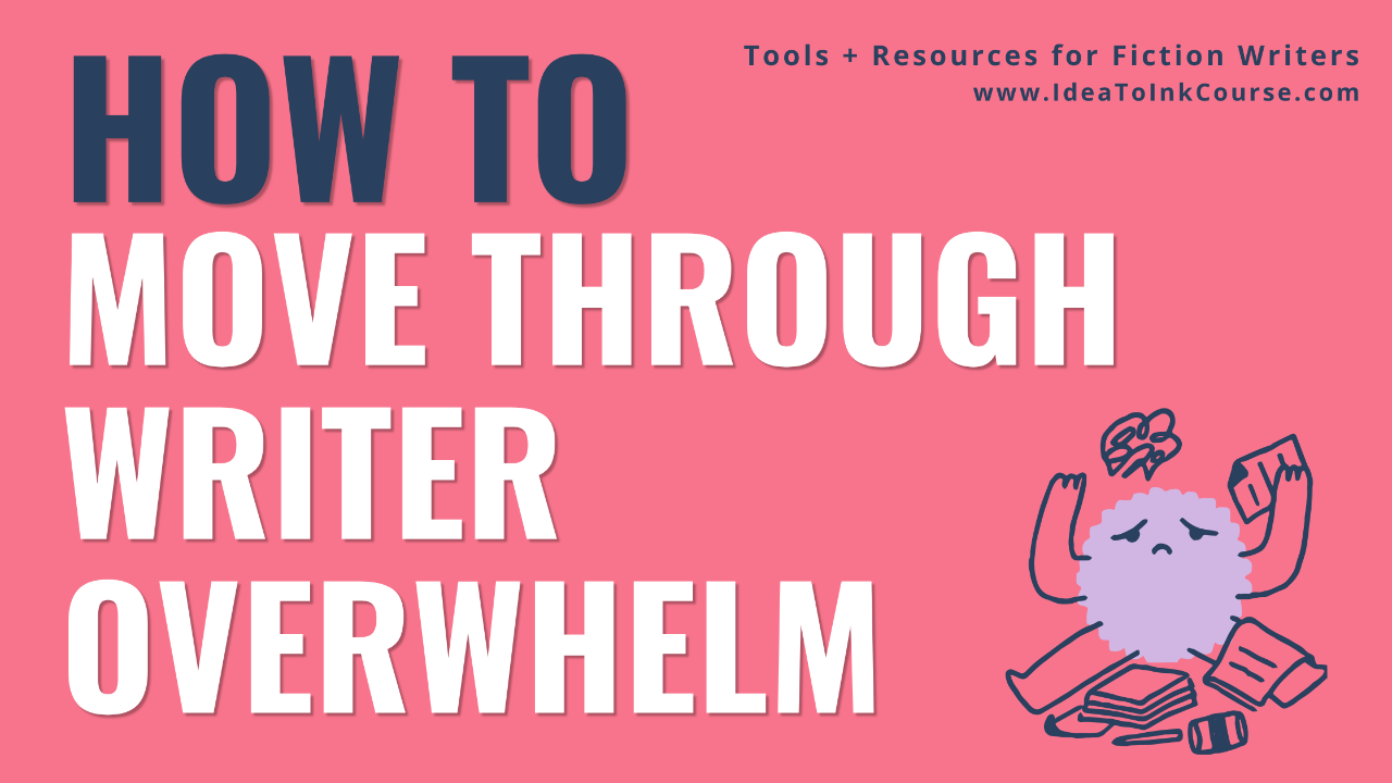 A bright pink background with bold navy and white text reading “How to Move Through Writer Overwhelm.” In the upper right corner, smaller navy text says “Tools + Resources for Fiction Writers” and “www.IdeaToInkCourse.com.” At the bottom right, a cartoon illustration shows a fluffy purple character with multiple arms juggling papers, books, and a pencil, symbolizing creative stress and multitasking. The design promotes guidance for fiction writers managing overwhelm.