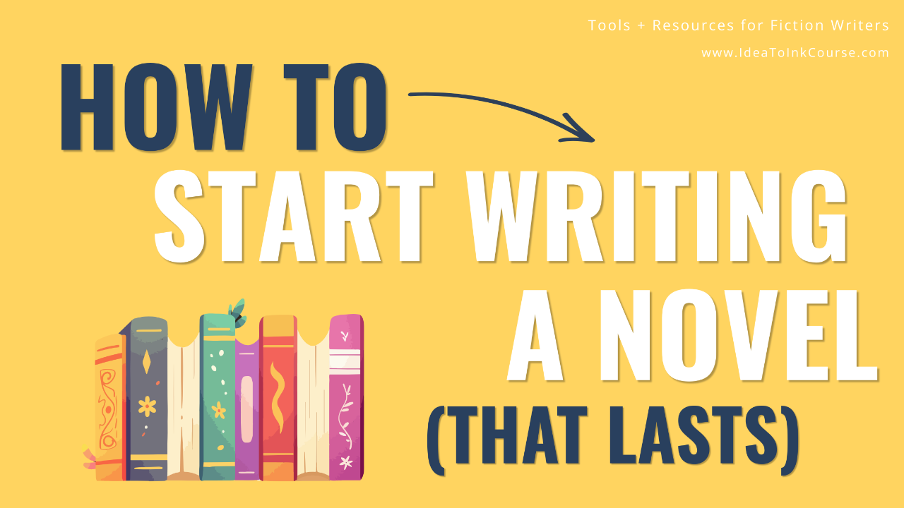 A bright yellow graphic with bold navy and white text reading “How to Start Writing a Novel.” 