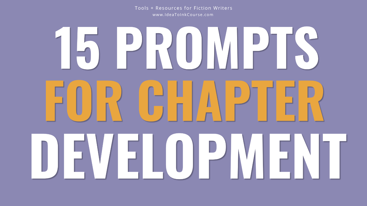 Purple background with 15 Prompts for Chapter Development written in white and orange