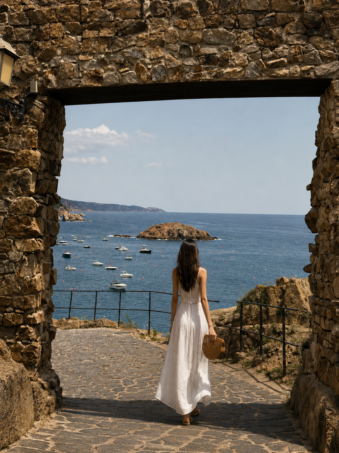 Woman looking toward the sea through a Mediterranean stone archway