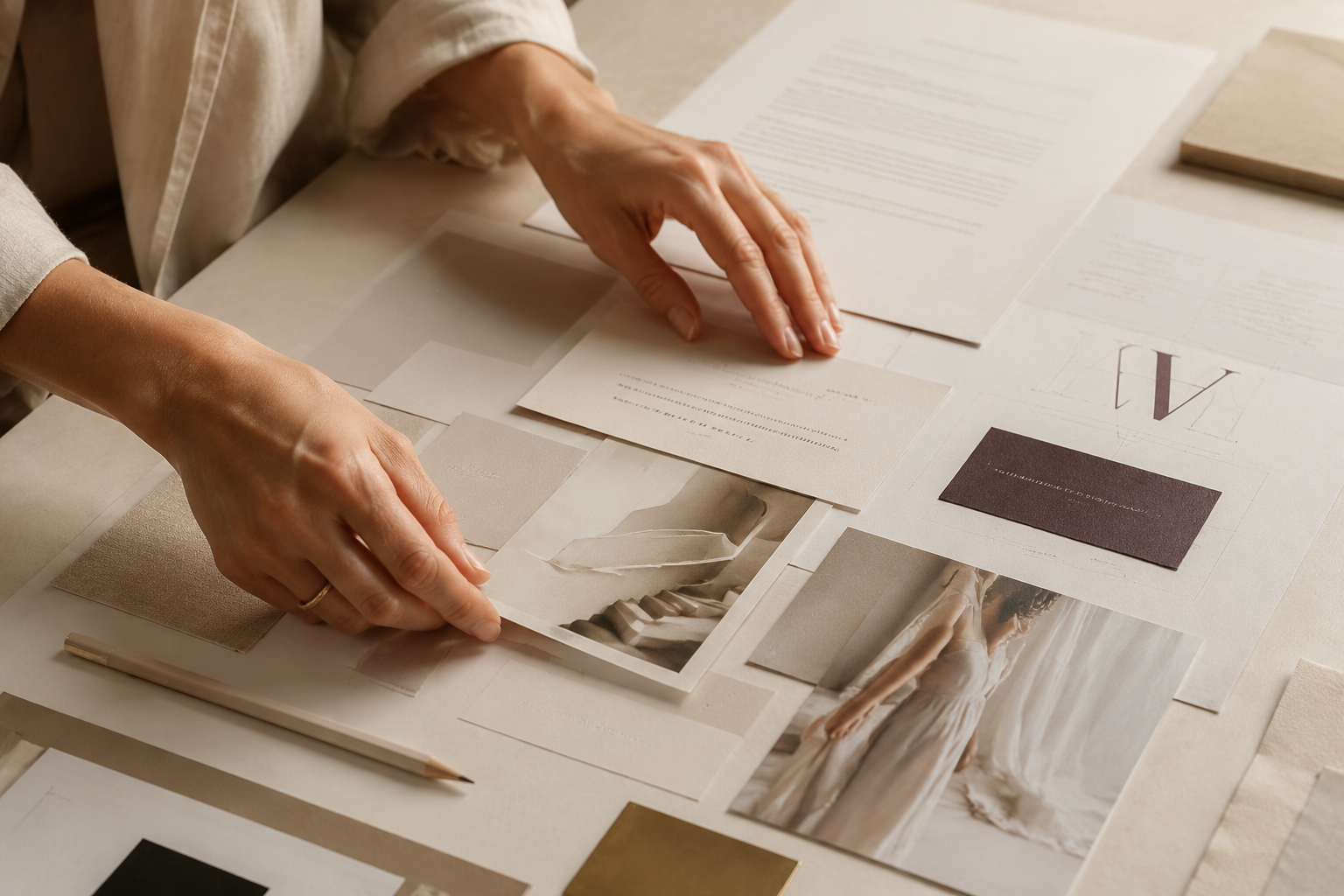 Hands arranging a cohesive brand strategy