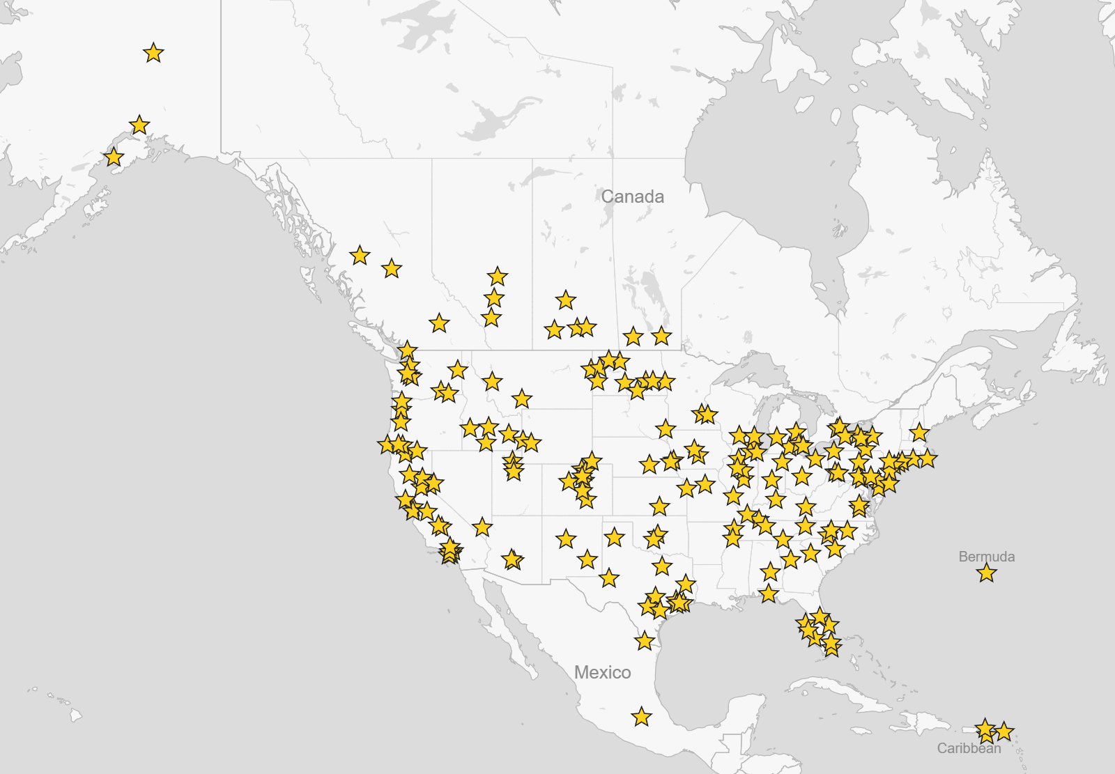 The Canine Stars Stunt Dog Show past tour map Map of every city where The Canine Stars Stunt Dog Show has performed across the United States, Canada, Mexico, Bermuda and the Caribbean