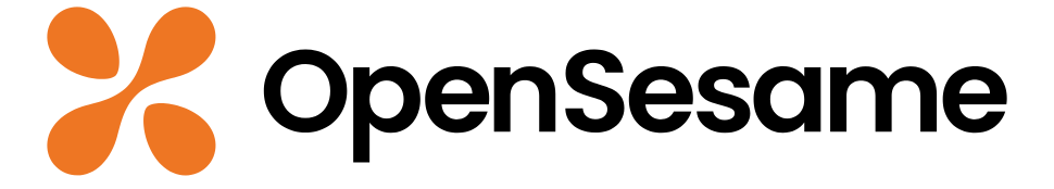 OpenSesame logo featuring an abstract orange symbol on the left made of four rounded petal-like shapes, followed by the word “opensesame” in lowercase black letters. The logo has a clean, modern appearance with a simple black-and-orange color palette on a white background.