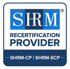 SHRM Recertification Provider badge with a white and dark blue background. At the top, the SHRM logo appears in large white letters inside blue blocks, with a registered trademark symbol. Below it, the text reads “RECERTIFICATION PROVIDER” in dark blue uppercase letters. Along the bottom, a dark blue banner includes “SHRM-CP | SHRM-SCP” in white text, indicating that The Training Refinery is recognized as a SHRM Recertification Provider for professionals maintaining SHRM-CP® and SHRM-SCP® credentials.