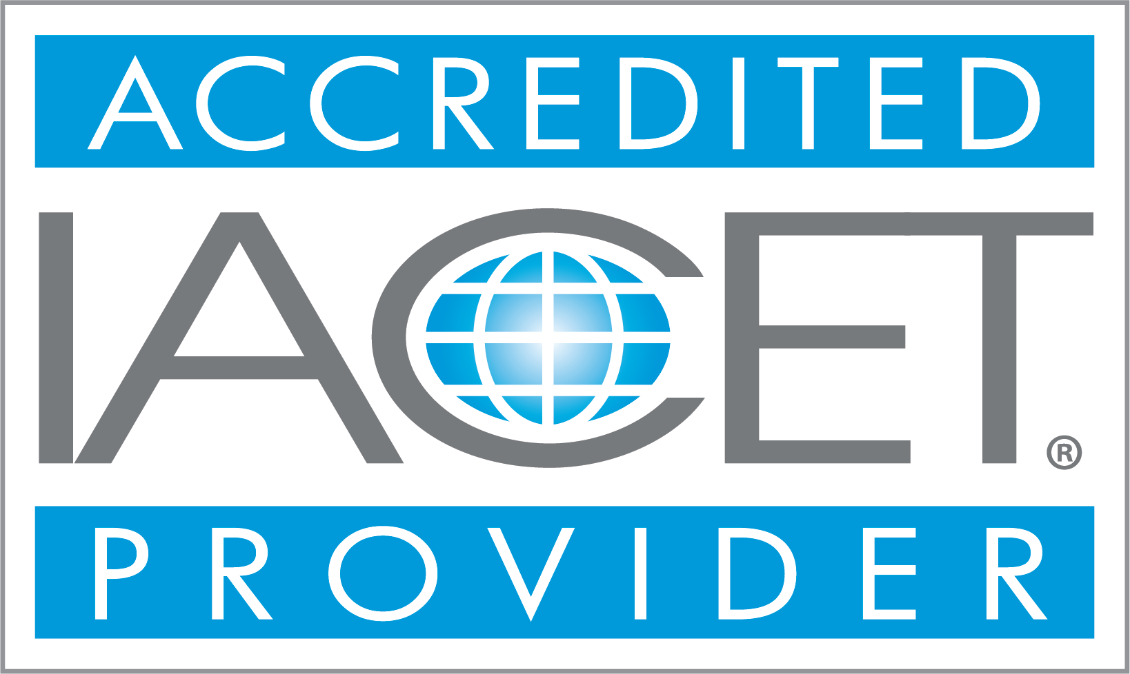 IACET Accredited Provider logo featuring the words “Accredited Provider” in blue banners above and below the large gray IACET acronym, with a blue globe design inside the letter C.