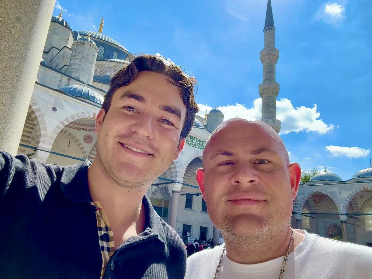 Spencer on the left and Sam on the right, outside the Blue Mosque in Istanbul
