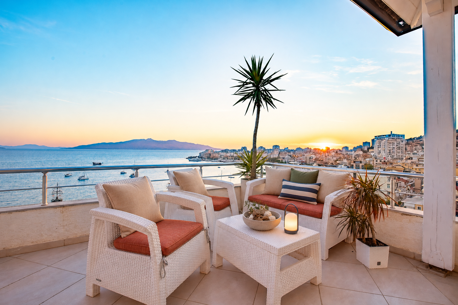 The Aerie Penthouse terrace overlooking Saranda bay at sunset