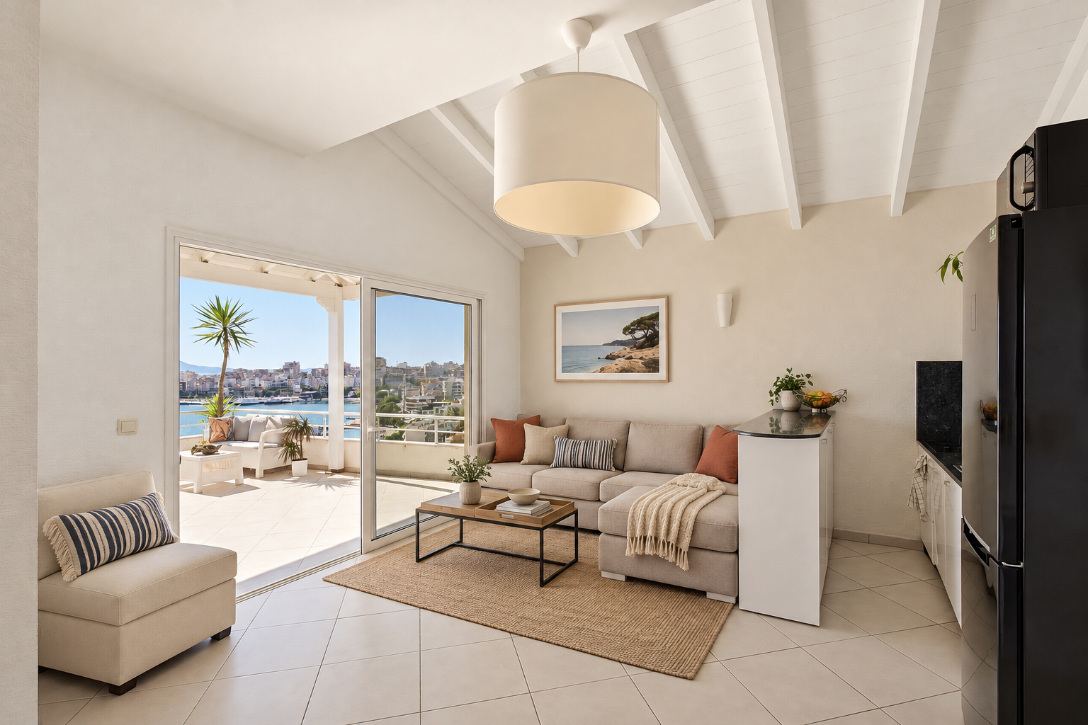 Airy living room with white vaulted ceilings and terrace doors