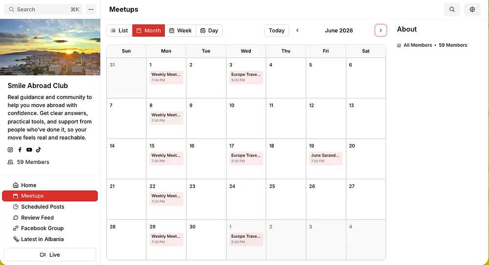 June 2026 example of the Smile Abroad Club calendar, showing weekly Monday meetups, travel sessions, and an additional June event