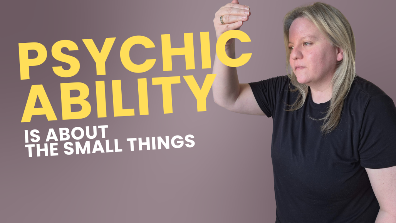 Melinda in black shirt with hand in front of third eye with text that says psychic ability is about the small things