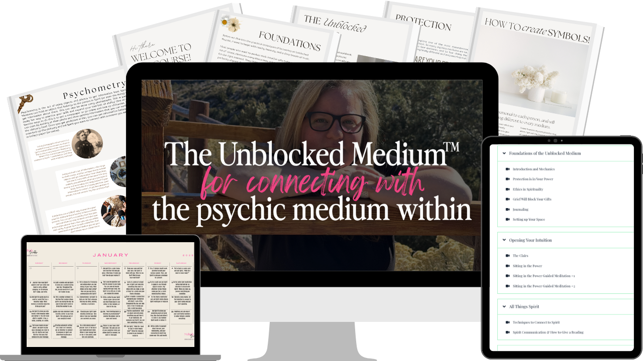 The Unblocked Psychic Method photo of handout materials, and computers with course content on them