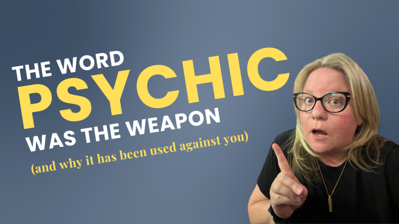 Dark gray backround with melinda in a black shirt pointing to the words The word psychic was the weapon and how it was used against you