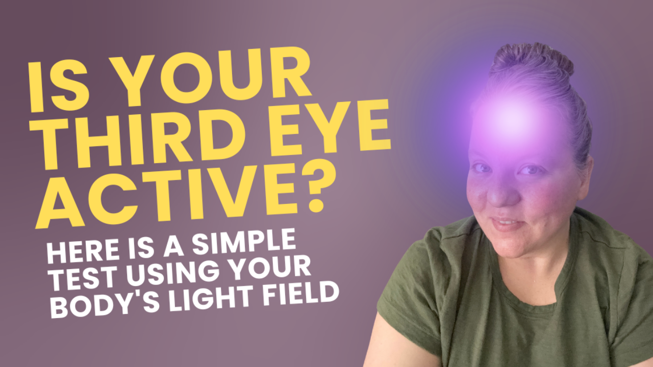 Melinda in green shirt with purple light over forehead with text is your third eye active? here is a simple test using your body's light field