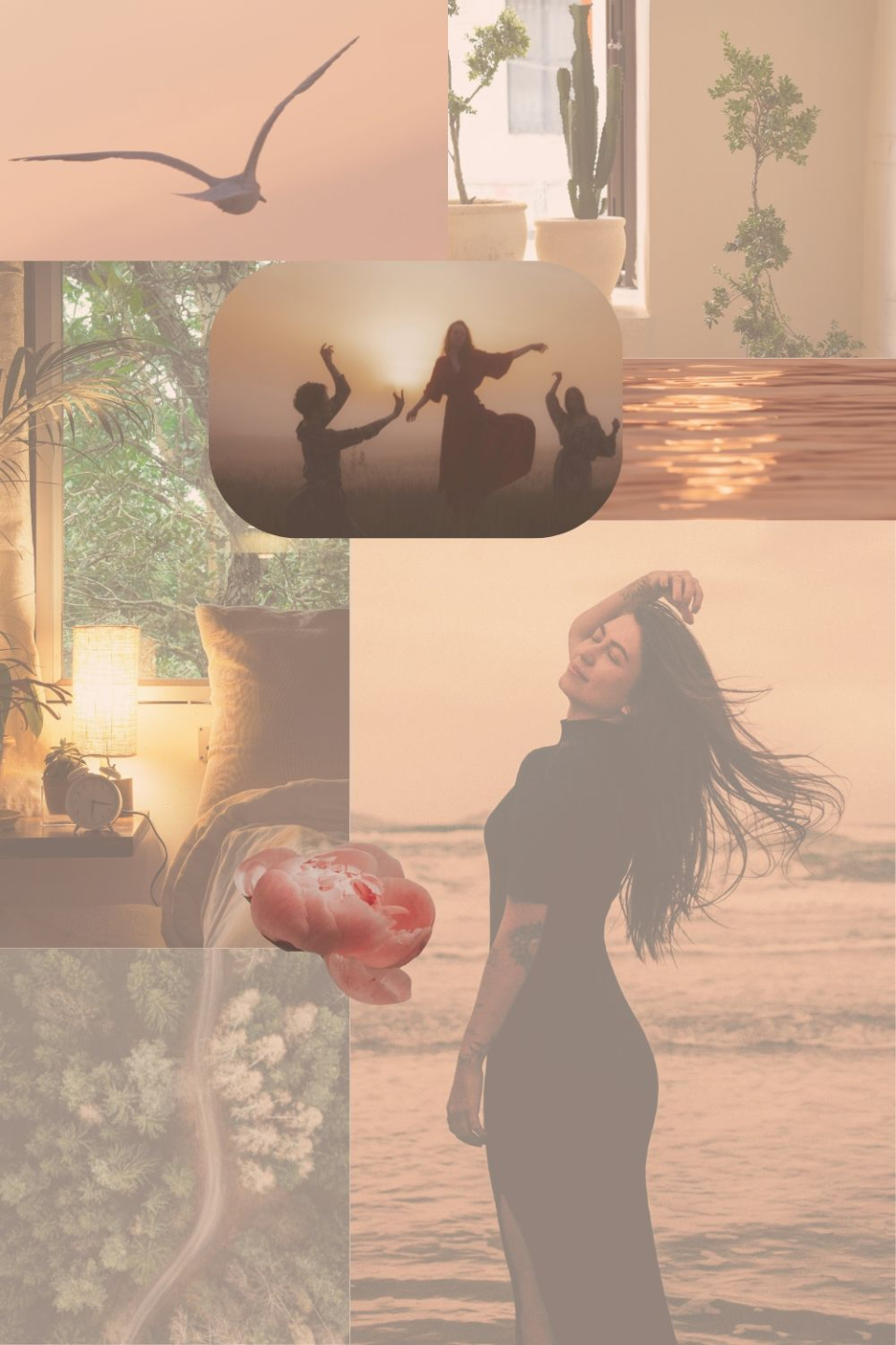 Artistic collage of nature, movement, and sacred space symbolizing feminine freedom, fluidity, and the awakening of erotic intelligence.