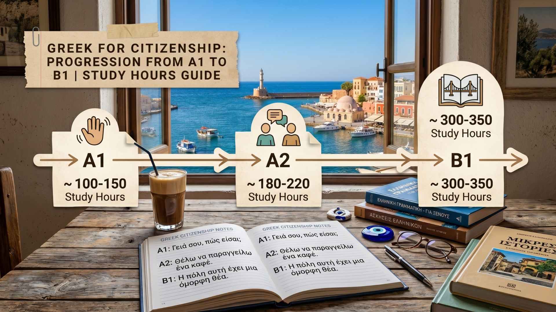 Student studying Greek online at desk for B1 citizenship exam preparation