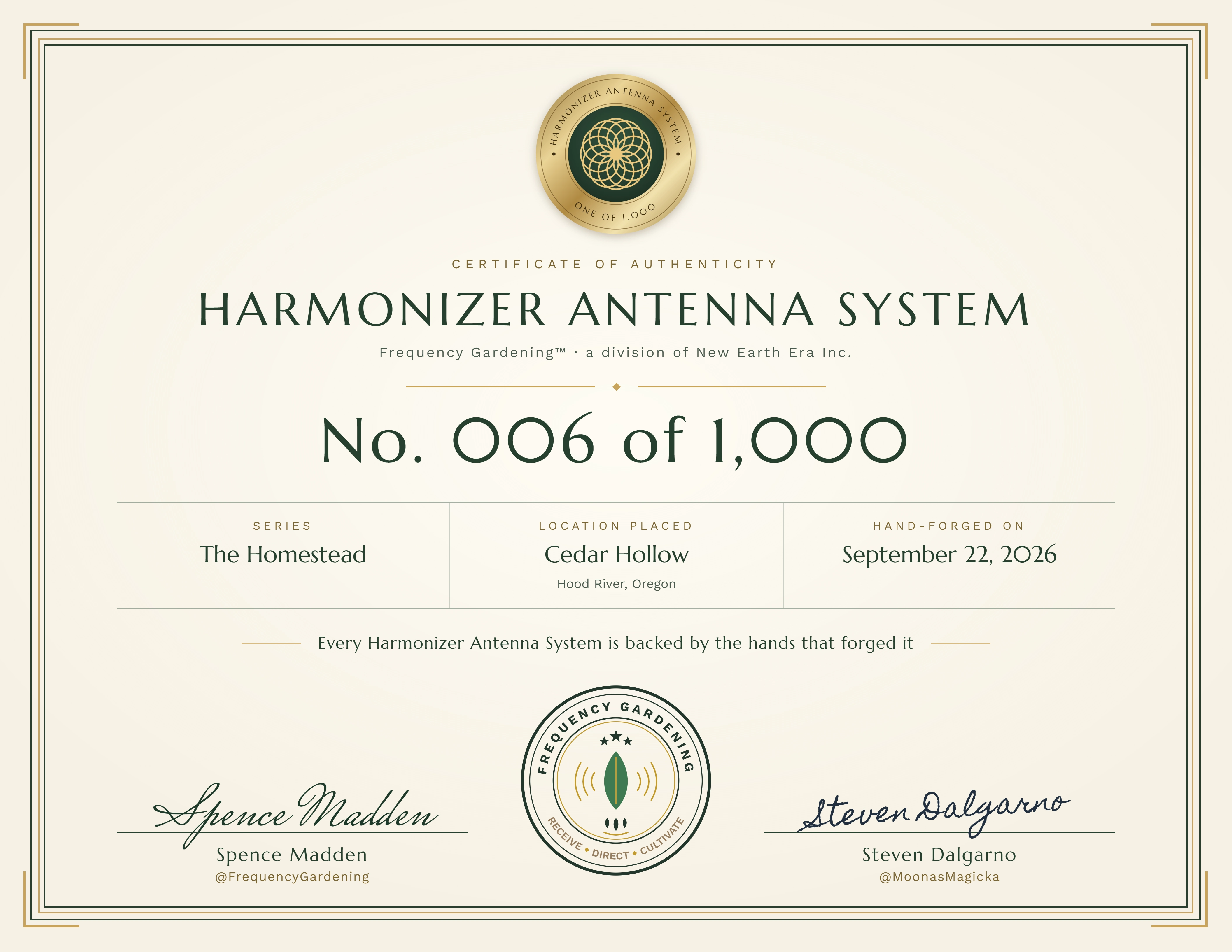 Sample Certificate of Authenticity for a Harmonizer Antenna System, numbered 006 of 1,000 and signed by Spence Madden and Steven Dalgarno