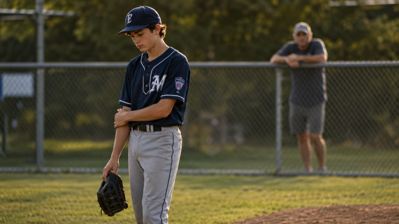 Youth pitcher gripping his inner elbow on the mound — early Tommy John warning sign