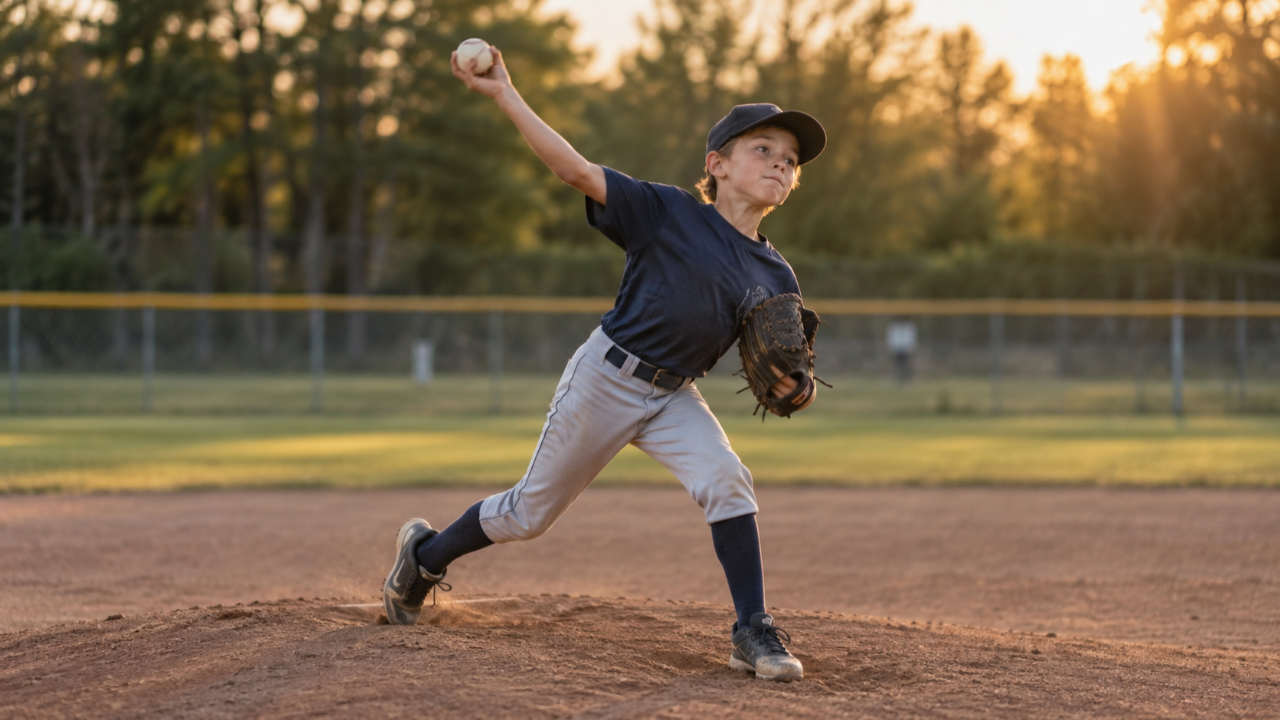 Youth pitcher throwing on the mound — elbow and shoulder growth plates still developing