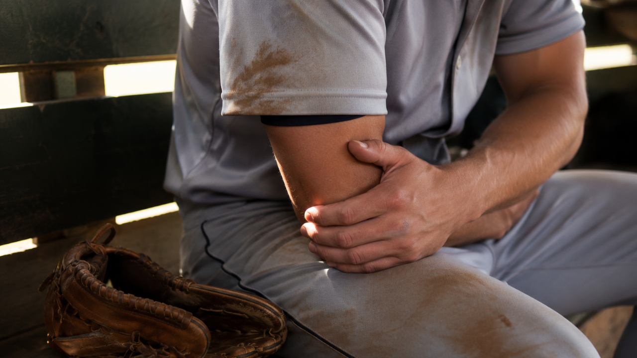 Youth pitcher holding his elbow after throwing — signs of Little League elbow