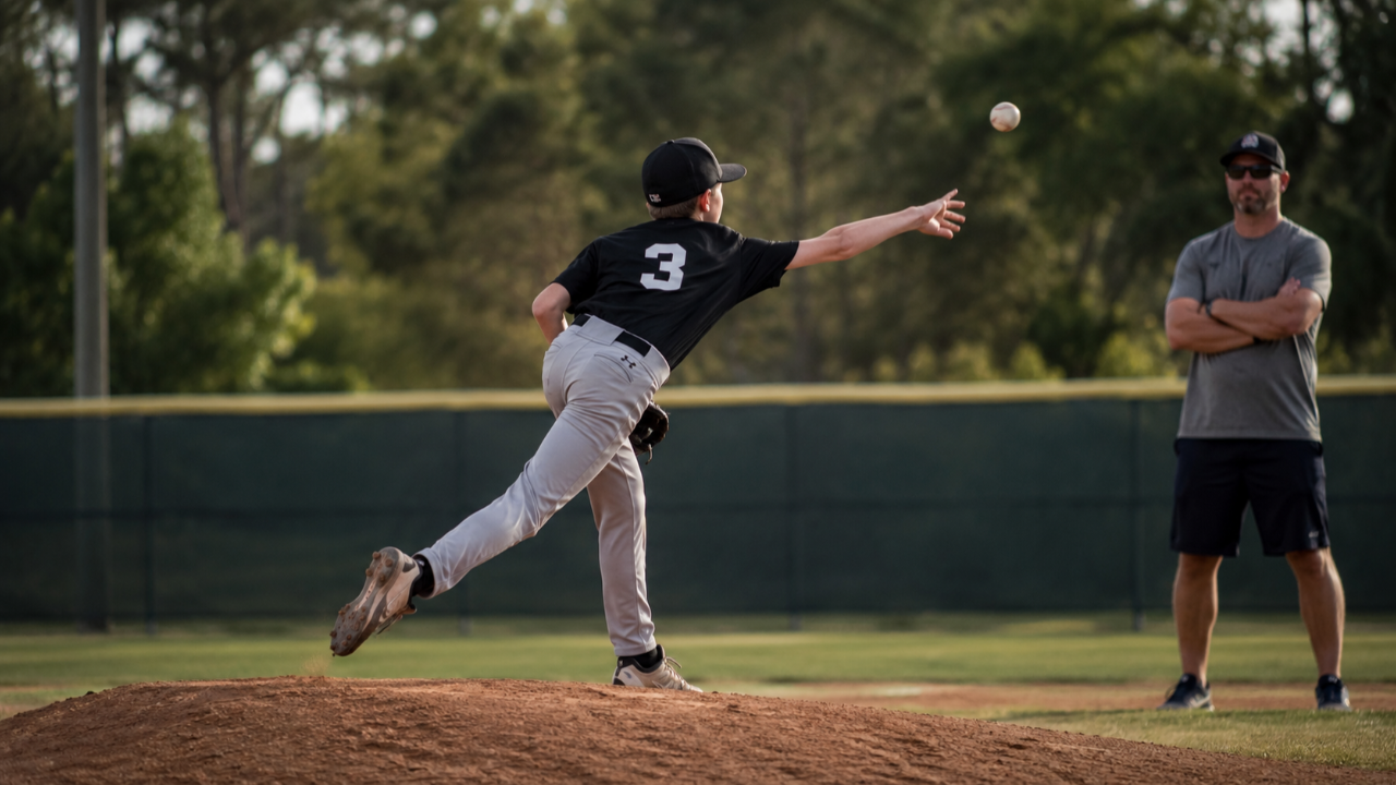 Parent watching hypermobile youth pitcher warm up, arm loose at follow-through — flexible pitcher arm pattern