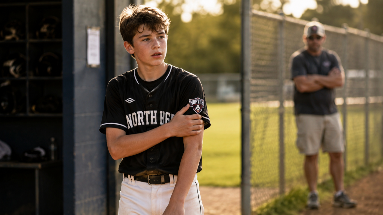 Youth pitcher gripping upper arm after throwing — arm pain during growth spurt in baseball