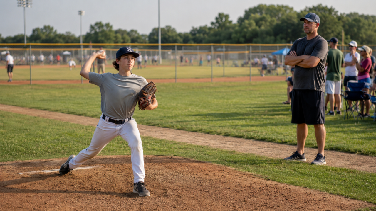 Parent watching youth pitcher warm up at a travel ball tournament Saturday morning — tournament arm care decisions
