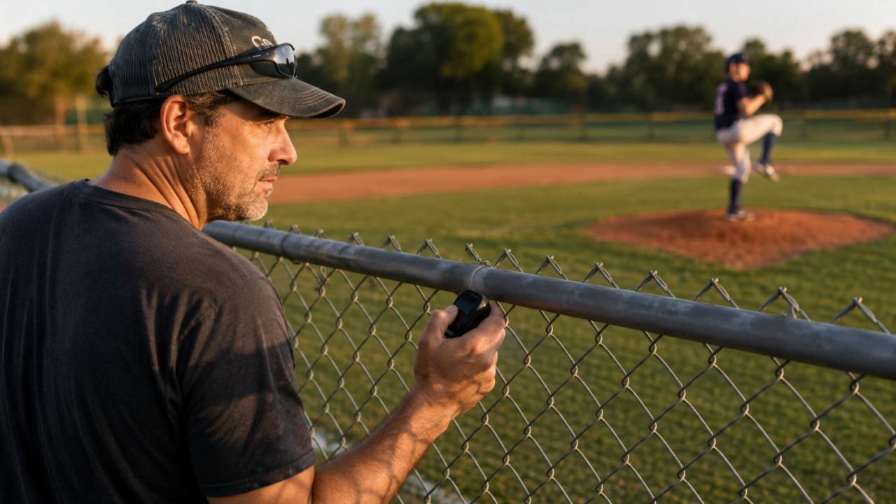 Parent in the dugout watching their youth pitcher — tracking pitch count on   a clipboard while missing the real arm signals