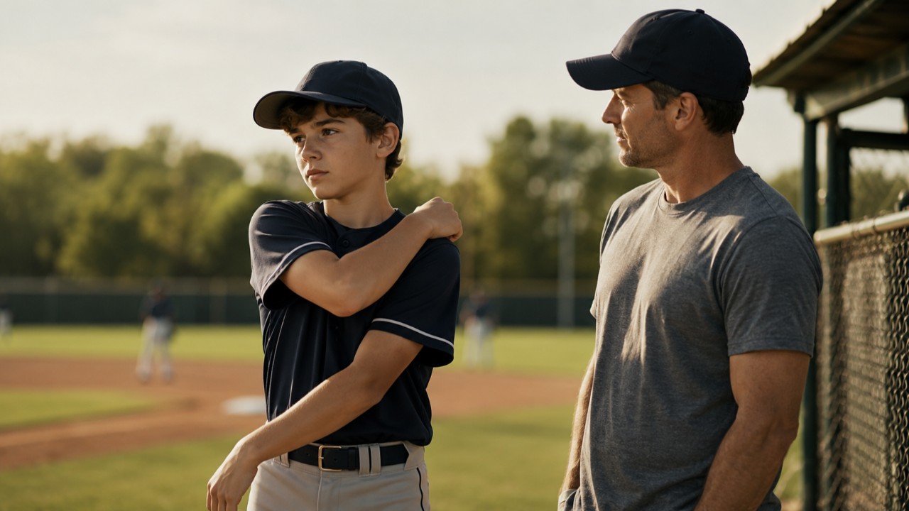 Youth pitcher gripping shoulder after throwing — Little League shoulder   growth plate pain sign