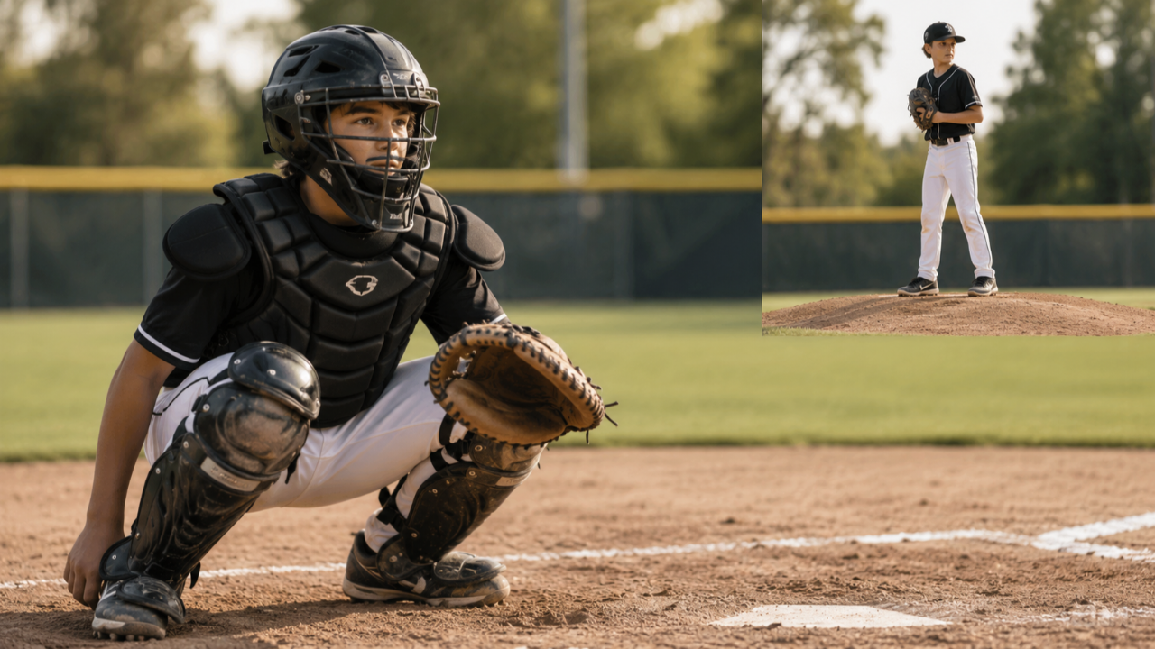 Youth pitcher in full catcher gear crouching behind home plate — dual-role arm stress in travel baseball
