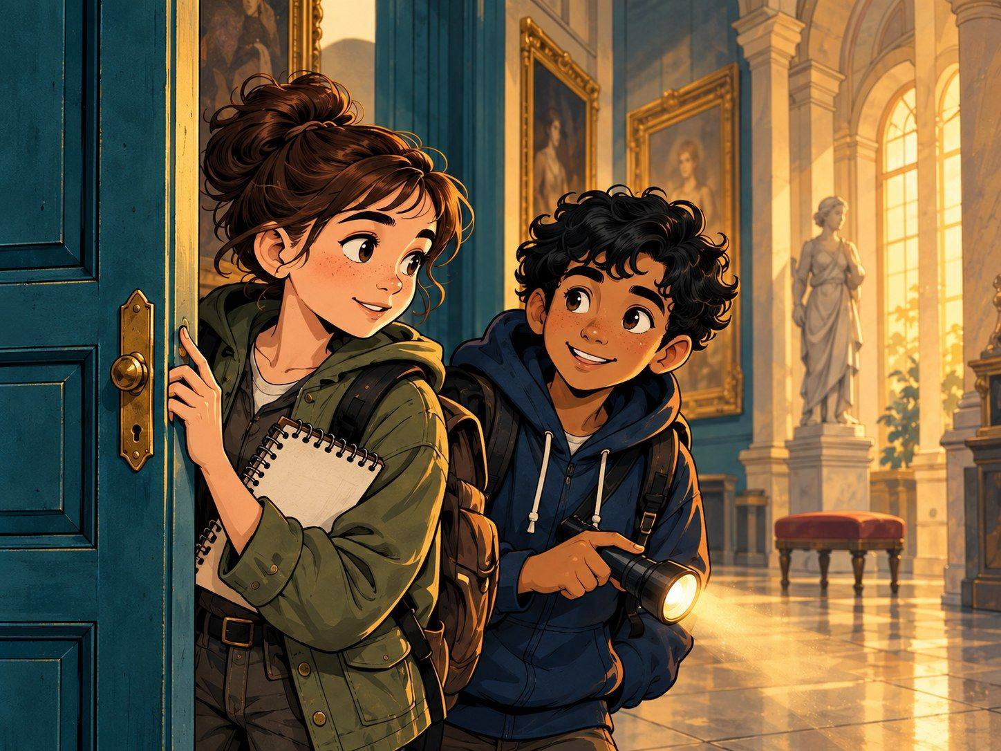 Illustration of two young investigators peering around a teal door into a grand, sunlit gallery, one holding a notebook and the other a torch.