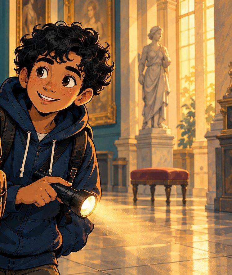 Illustration of a young investigator in a navy hoodie smiling as he shines a torch across a gallery with a marble statue.