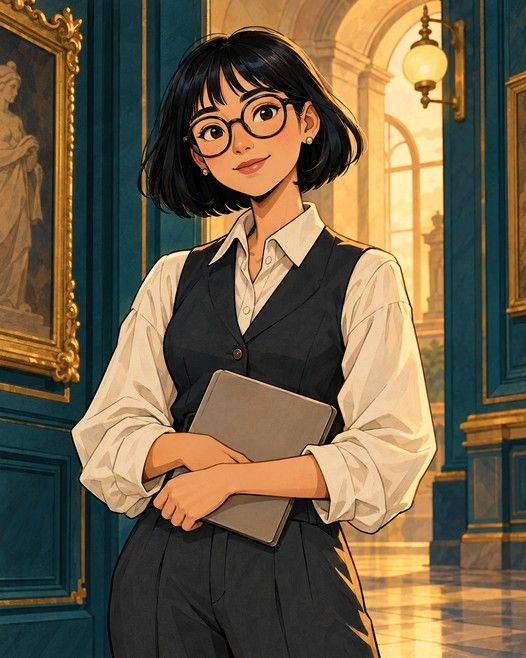 Portrait of Olivia Park, a curator with a black bob and round glasses holding a tablet, in the gallery.