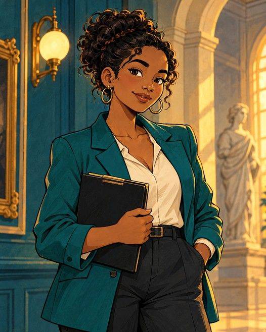 Portrait of Emma Carter, a smiling woman in a teal blazer holding a black folder, in the gallery.