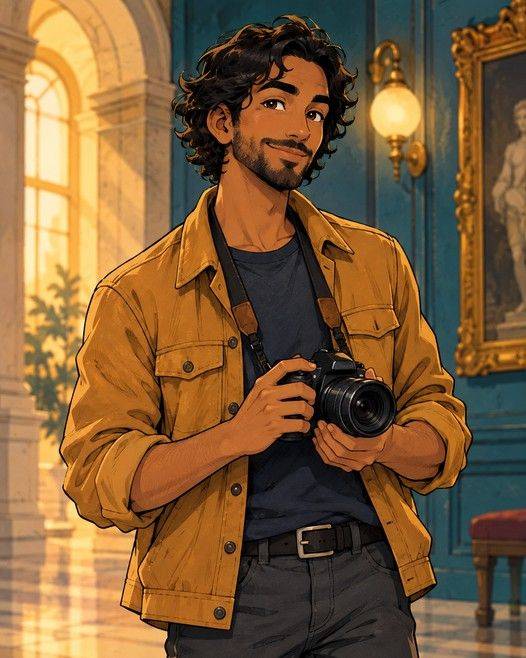 Portrait of Daniel Cross, a photographer in a mustard jacket holding a camera, in the gallery.