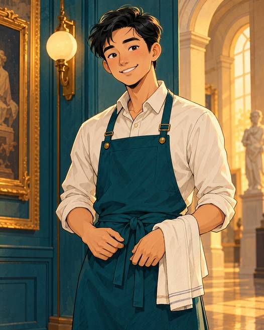 Portrait of Tyler Chen, a smiling caterer in a teal apron with a tea towel, in the gallery.