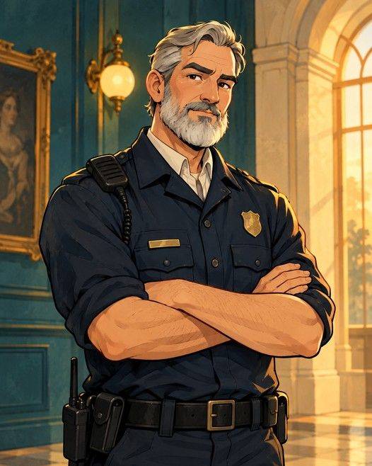 Portrait of Jack Reed, a grey-bearded security guard in a navy uniform with arms folded, in the gallery.
