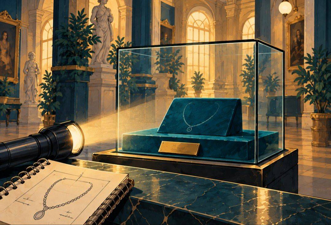 Illustration of a glass display case on a teal plinth in a lamplit gallery, with a torch beam and a sketchbook in the foreground.