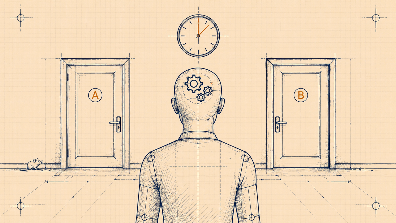 Technical drawing of a person standing between two doors while a clock ticks overhead, illustrating delayed decision-making.