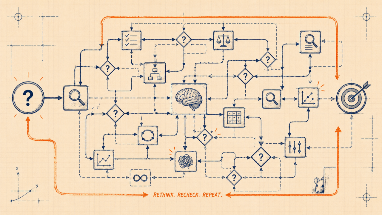Technical drawing of a brain inside a complex flowchart with an orange feedback loop, representing overthinking and rumination.