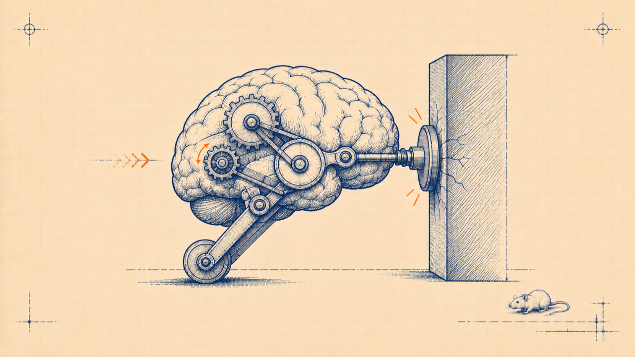 Technical drawing of a mechanical brain pushing against a wall, representing procrastination and difficulty acting on important goals.