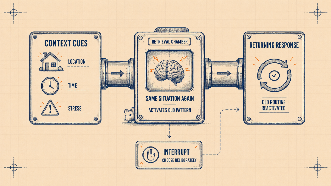Technical diagram showing context cues such as location, time and stress reactivating an old habit, with an option to interrupt the response deliberately.