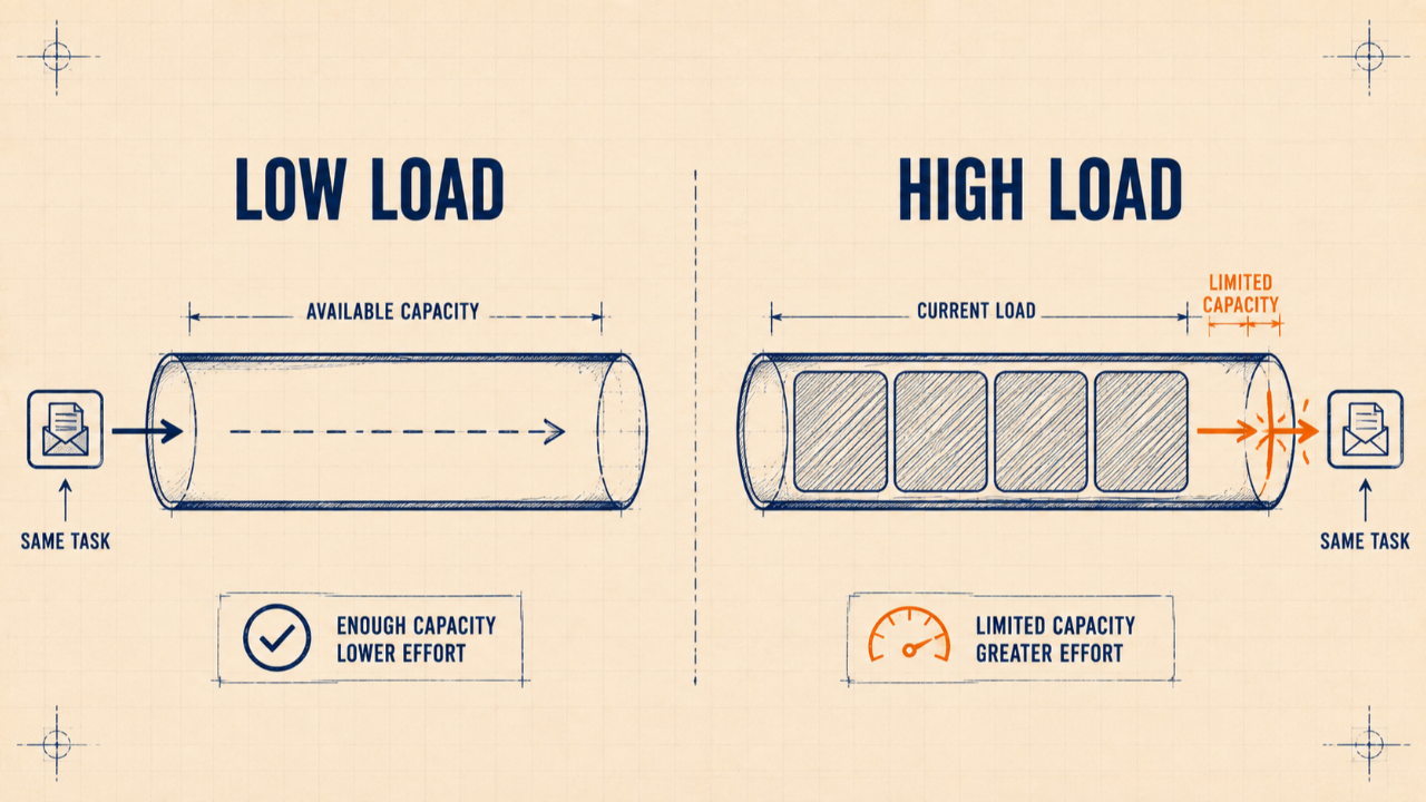 Technical illustration comparing low and high cognitive load: the same task moves easily with available mental capacity but requires greater effort when existing demands occupy most of that capacity.