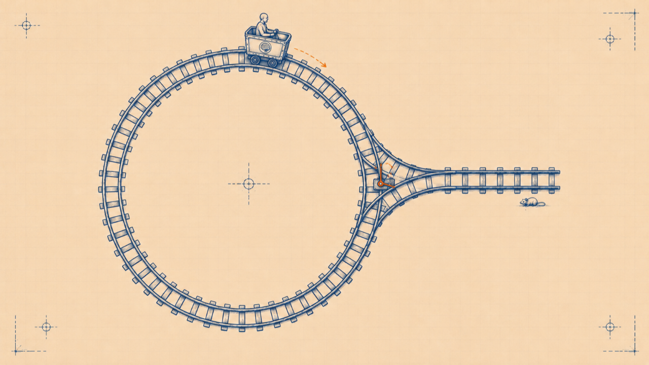 Technical drawing of a person riding a cart around a circular railway loop while an unused exit track shows how repeated decisions can keep someone stuck.