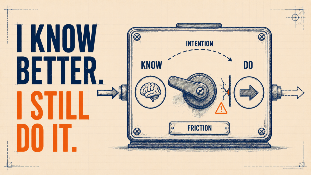 Illustration showing the intention–behaviour gap: knowing what to do but struggling to turn intention into action.