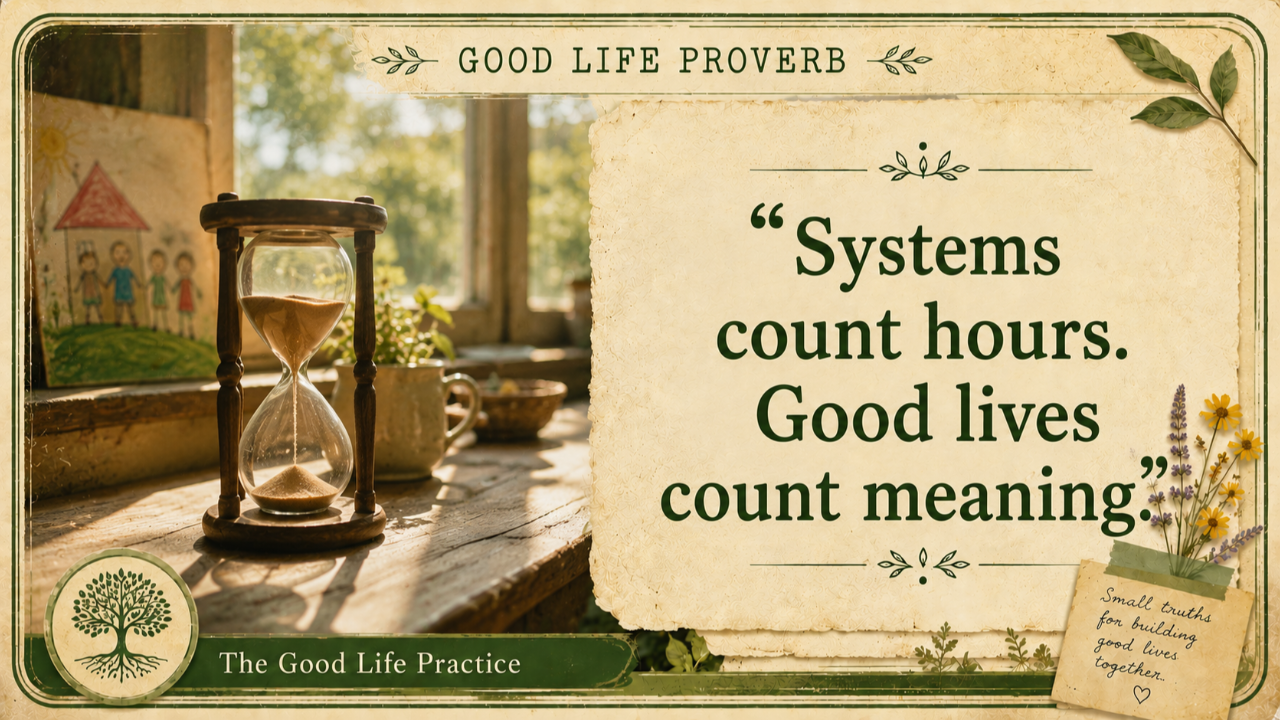 Good Life Proverb wisdom card featuring an hourglass on a sunlit table beside a child's drawing and everyday household items. The image reflects the difference between measuring time and valuing what gives life meaning. Proverb: "Systems count hours. Good lives count meaning."