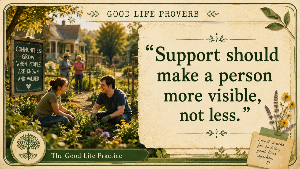Good Life Proverbs wisdom card. People gardening and connecting in community. Proverb: "Support should make a person more visible, not less."