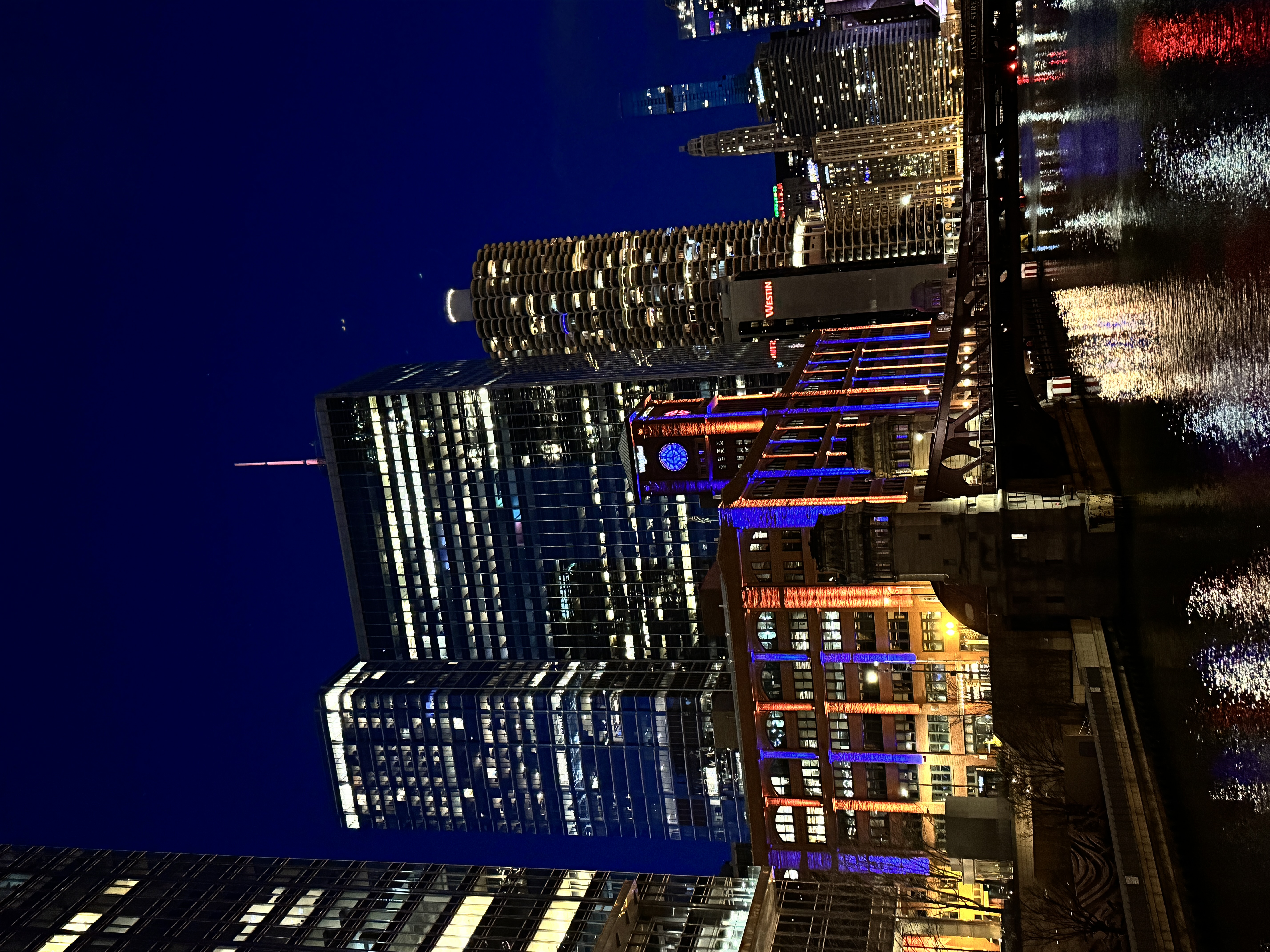 Chicago at Night Chicago River in downtown Chicago at night